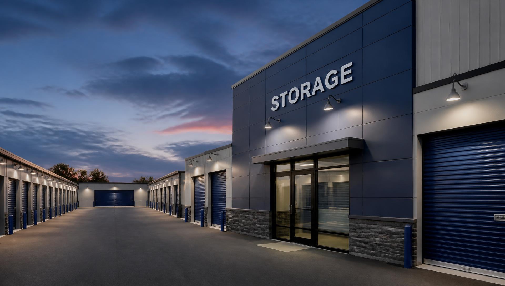 Modern self-storage facility exterior at dusk